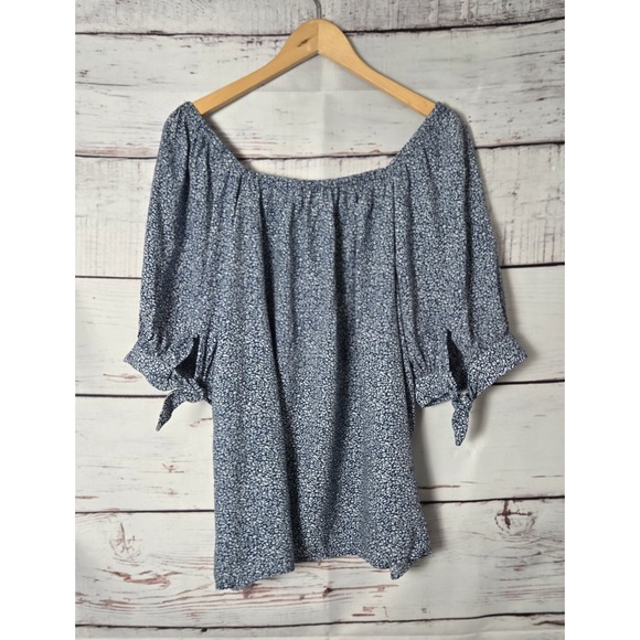 LC Lauren Conrad Womens Blouse Size XL Blue Floral Print Button Front Tie Sleeve - Picture 2 of 9